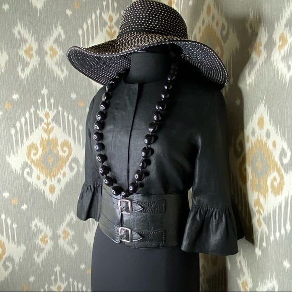 Ralph Lauren Black Label Jet Black Polished Linen Cropped Ruffle Sleeve Jacket - Picture 1 of 16